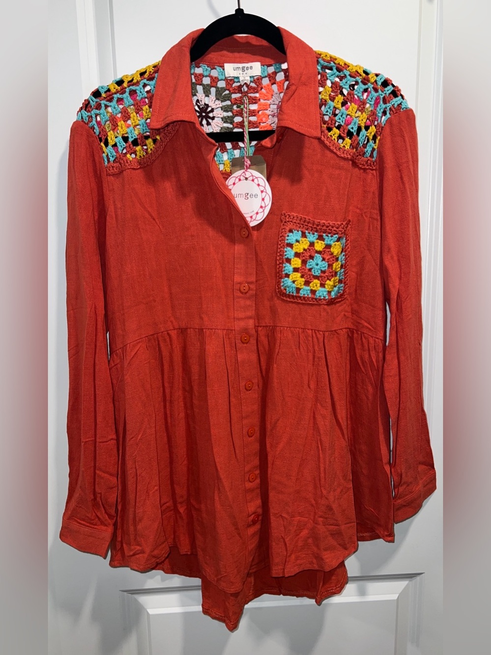 Umgee Women’s Crocheted Granny Square Shacket / Button-Down Top Size S NWT